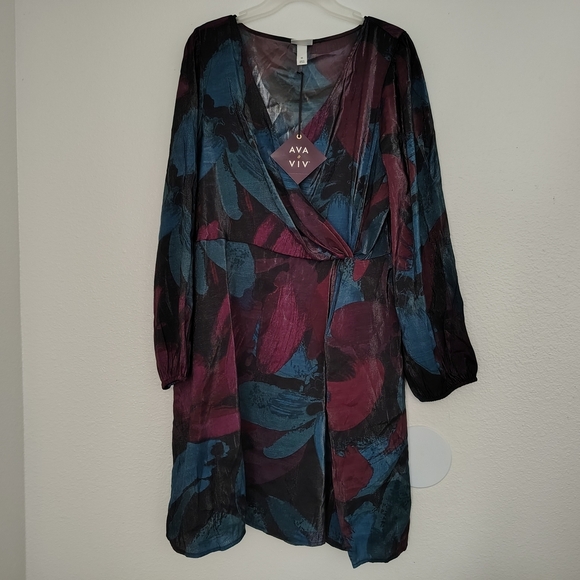 Ava & Viv Sheer Wrap Midi Dress Balloon Long Sleeve Teal Burgundy/Blue Sz 1X NWT - Picture 2 of 15